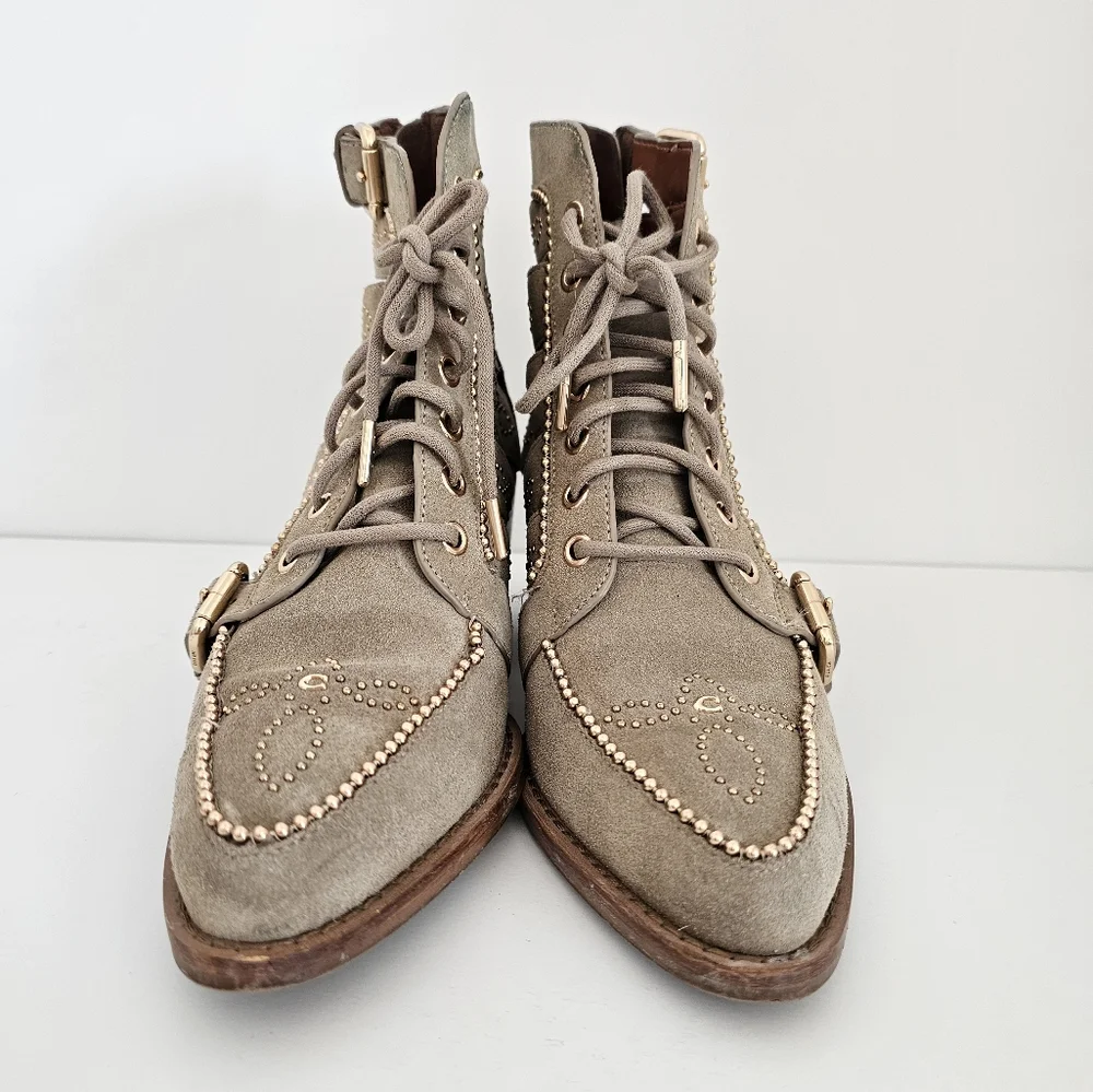 Coach Paisley Bootie Beige Suede Cutouts Studded Fleur De Lys Size 8